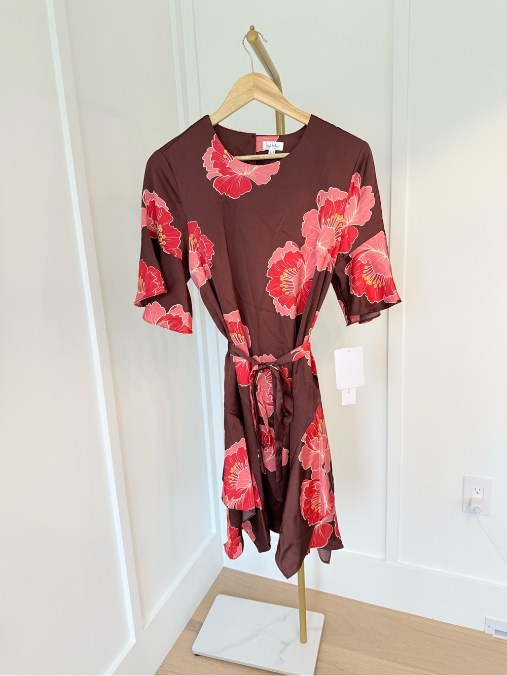 Nicole Miller Brown Midi Dress with Pink Floral Print - Picture 3 of 8